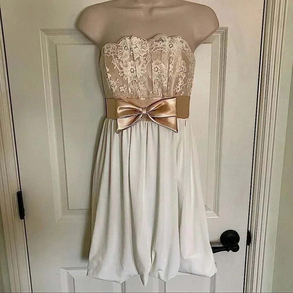 Gunne Sax 90’s Vintage gold bubble sleeveless dress ivory gold XS Small